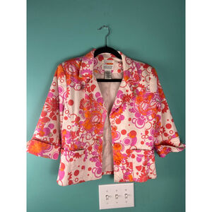 JohnPaulRichard Women's Size 6 Stretch Blazer Jacket Pink Orange Floral Mod Retr